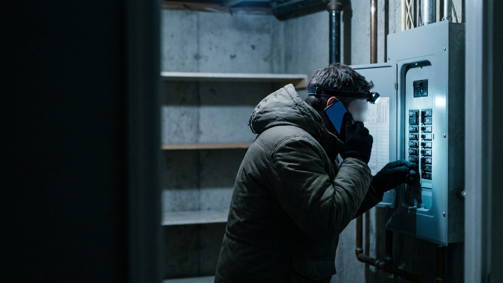 Homeowner at a tripped panel in a half-dark house at night reaching voicemail on the phone