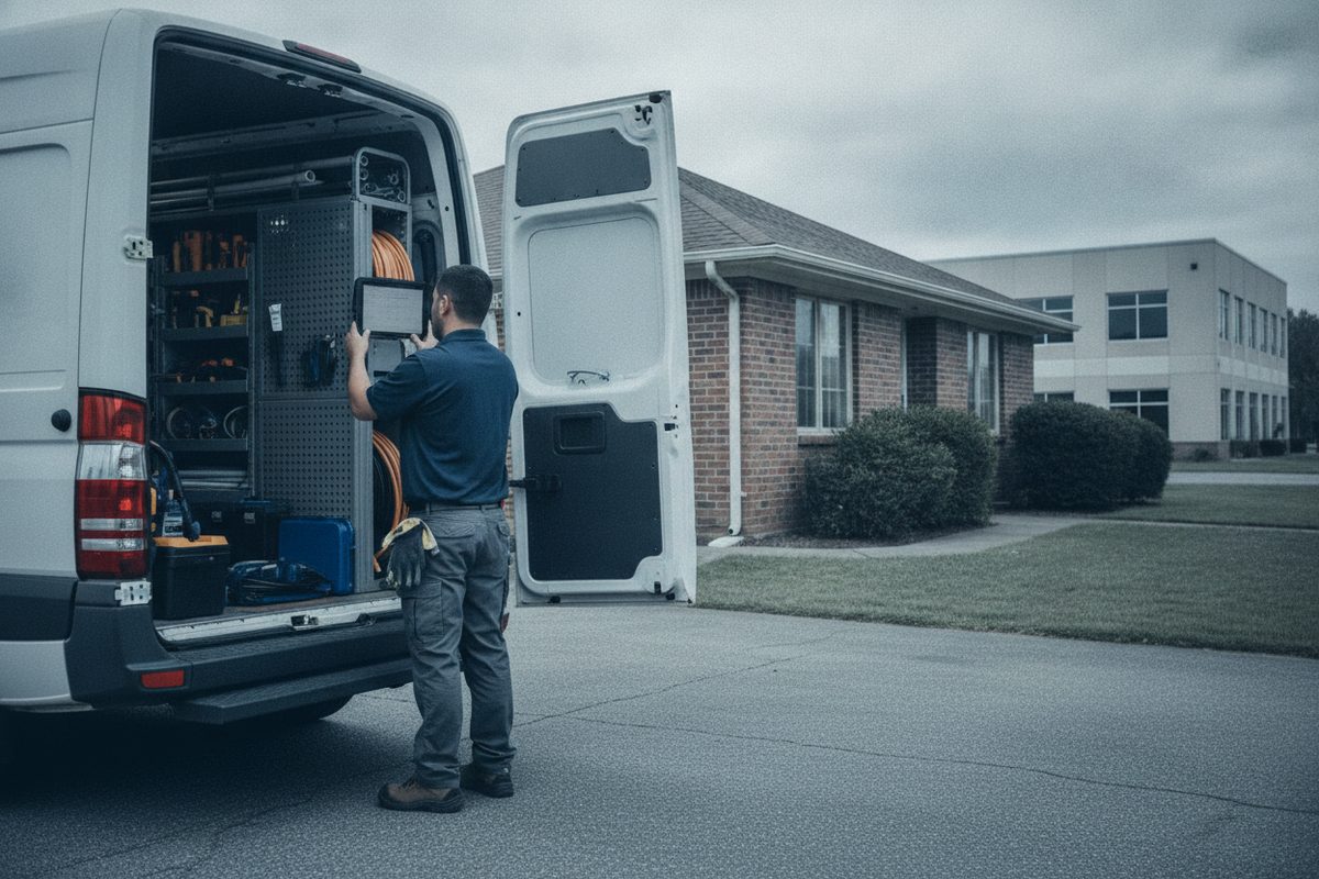 Van doors open in daylight with a tablet ready for the day’s job list