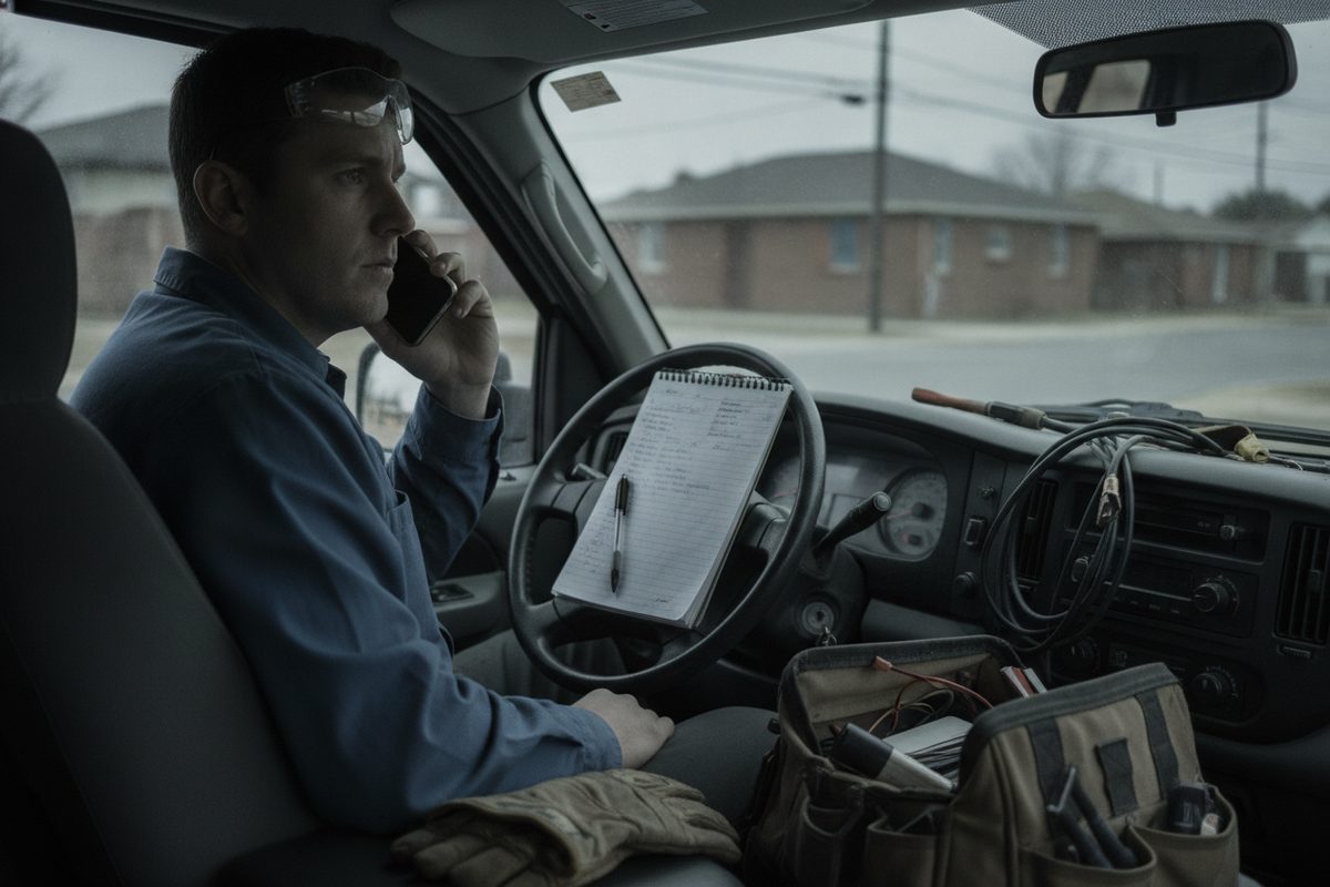 Spouse in a truck cab handling calls with a notebook on the steering wheel