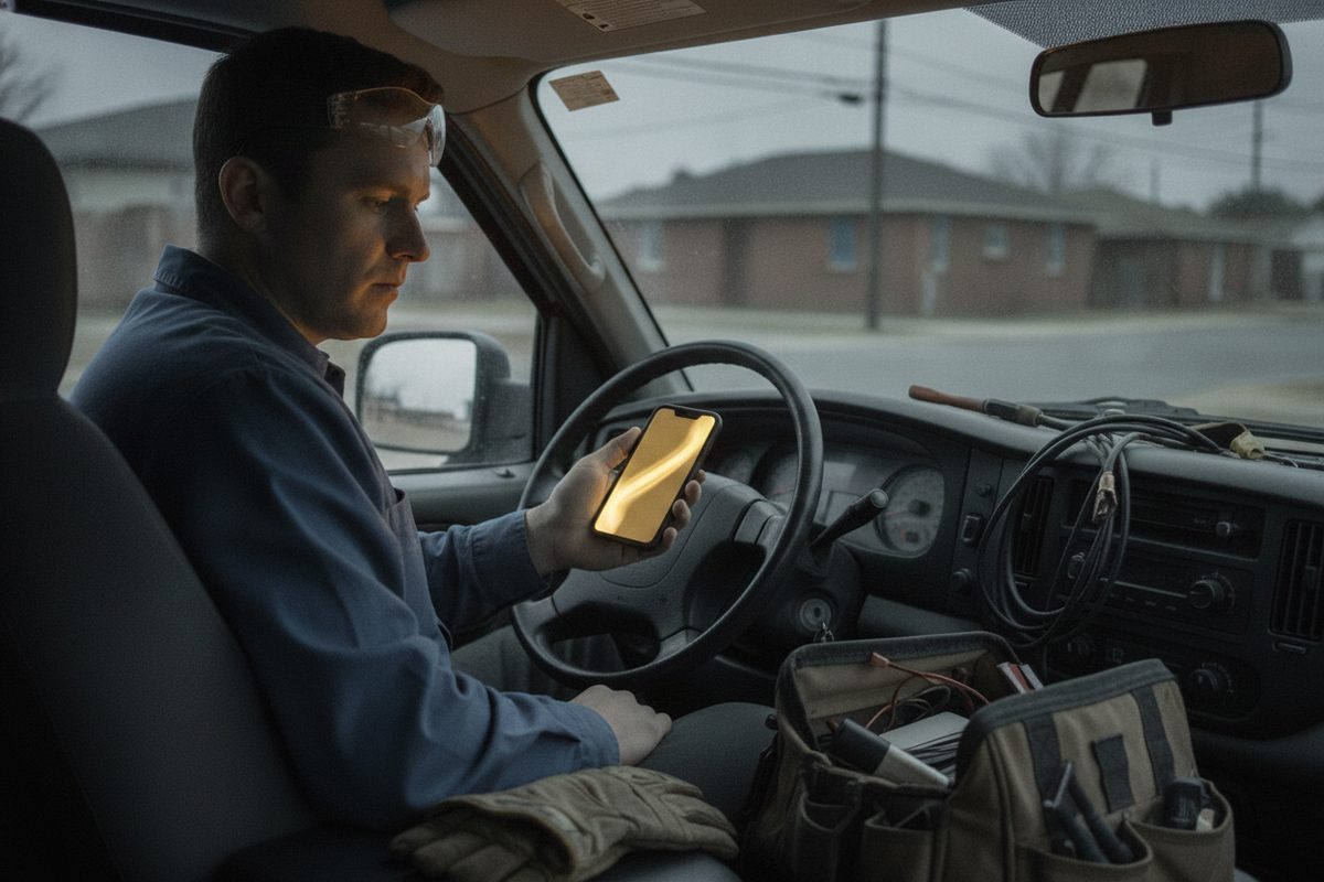 Spouse in the same truck cab checking the calendar on a phone instead of a notebook