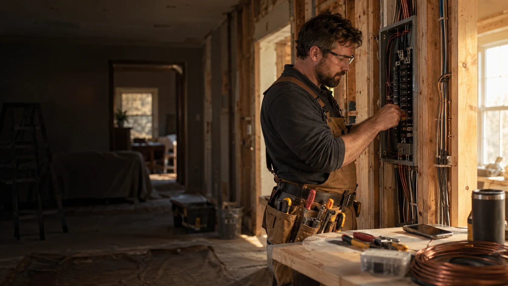 Illustrative electrician working carefully at a residential panel
