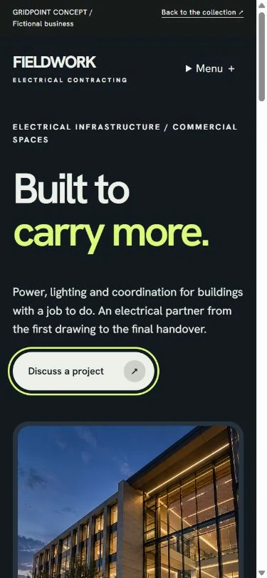 Mobile preview of the Fieldwork electrical website concept