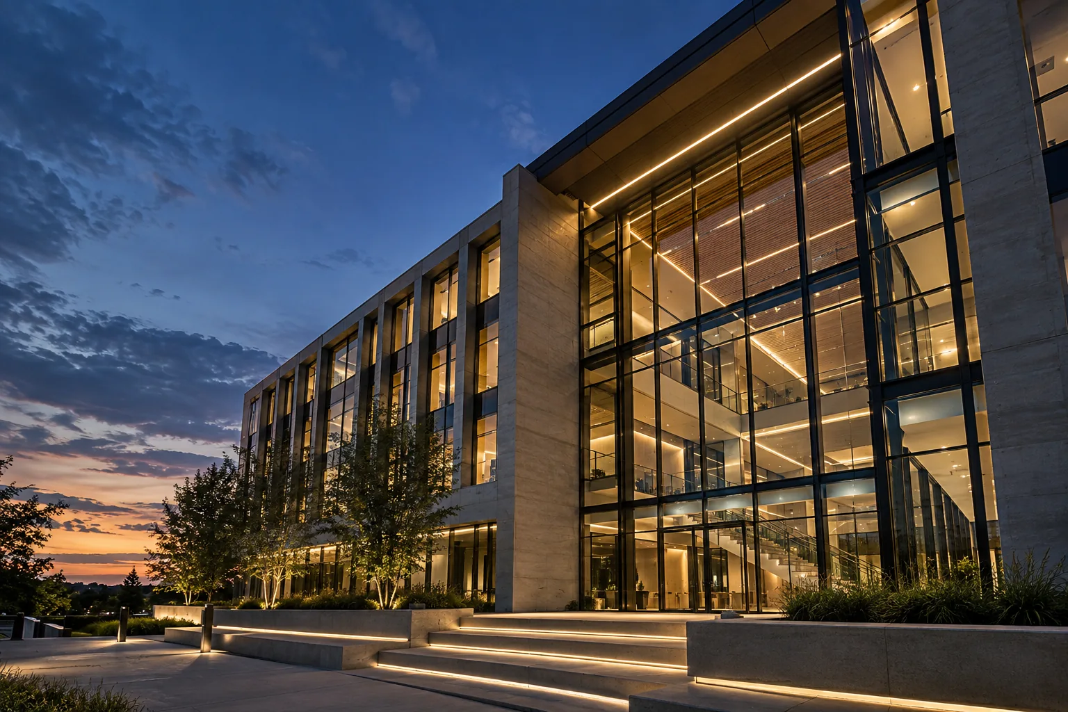 Illustrative modern commercial building with architectural lighting at twilight
