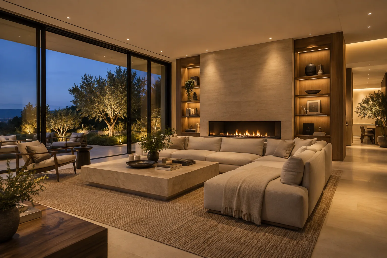 Concept illustration of architectural lighting in a warm contemporary living room