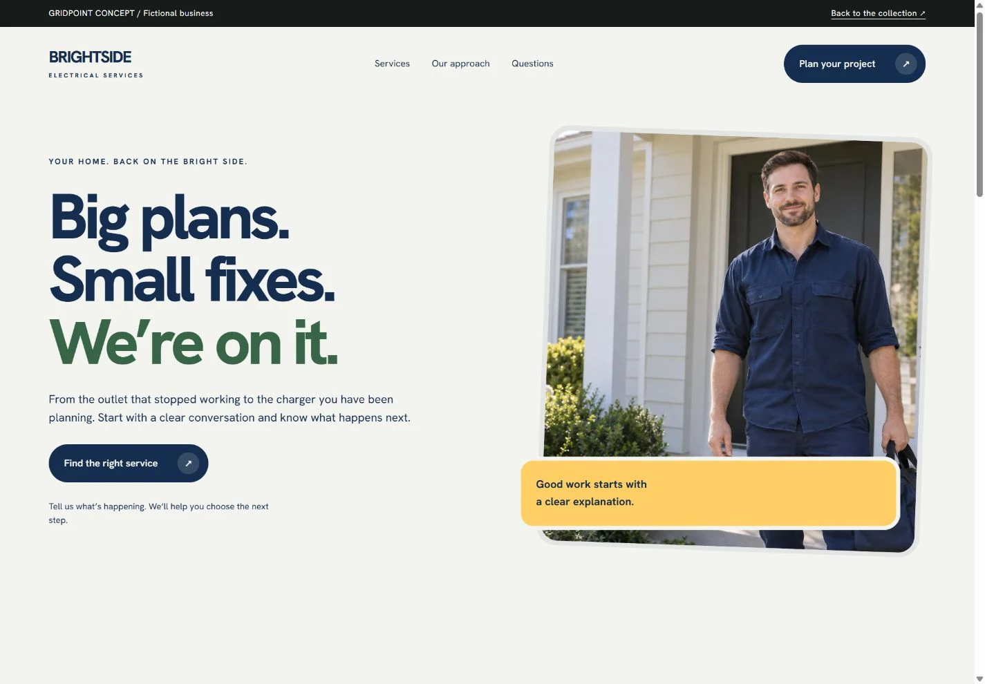 Desktop preview of the Brightside electrical website concept