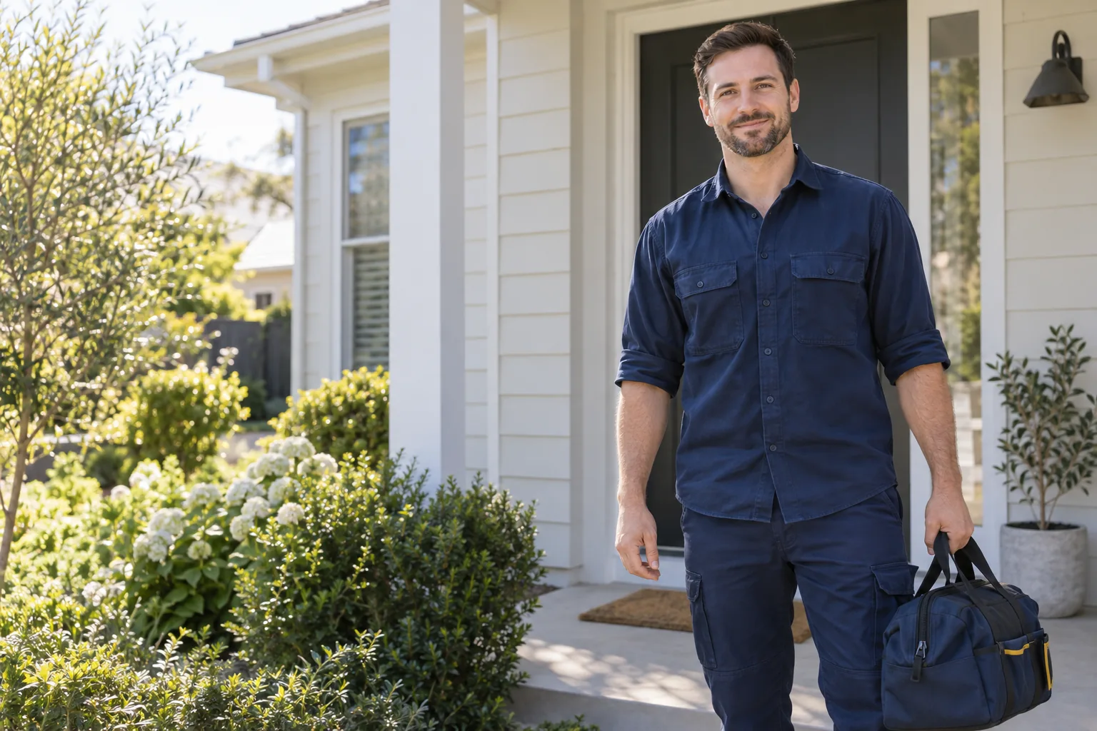 Illustrative electrical service professional arriving at a home