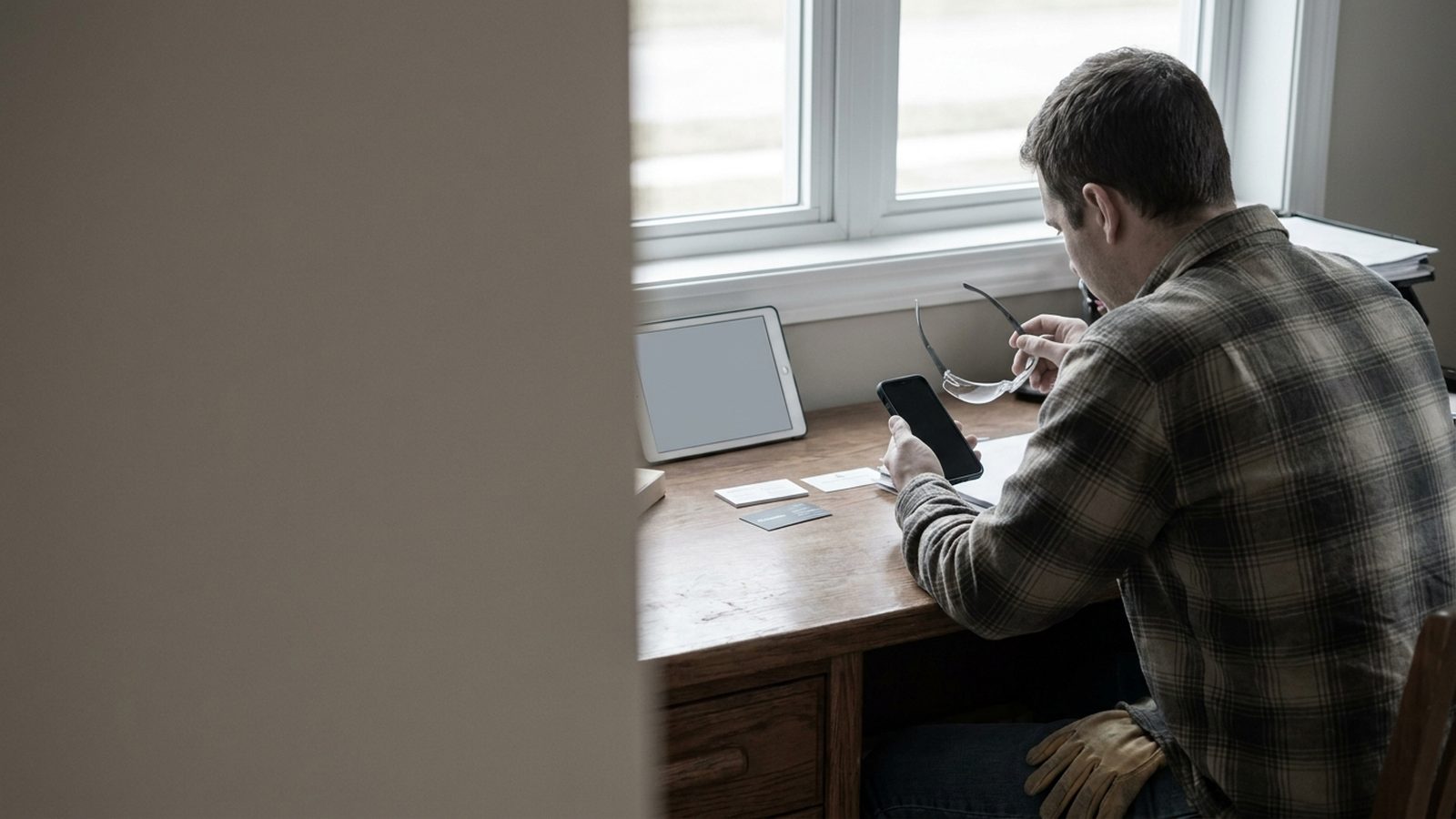 Homeowner comparing electrician listings on a phone before deciding whom to call