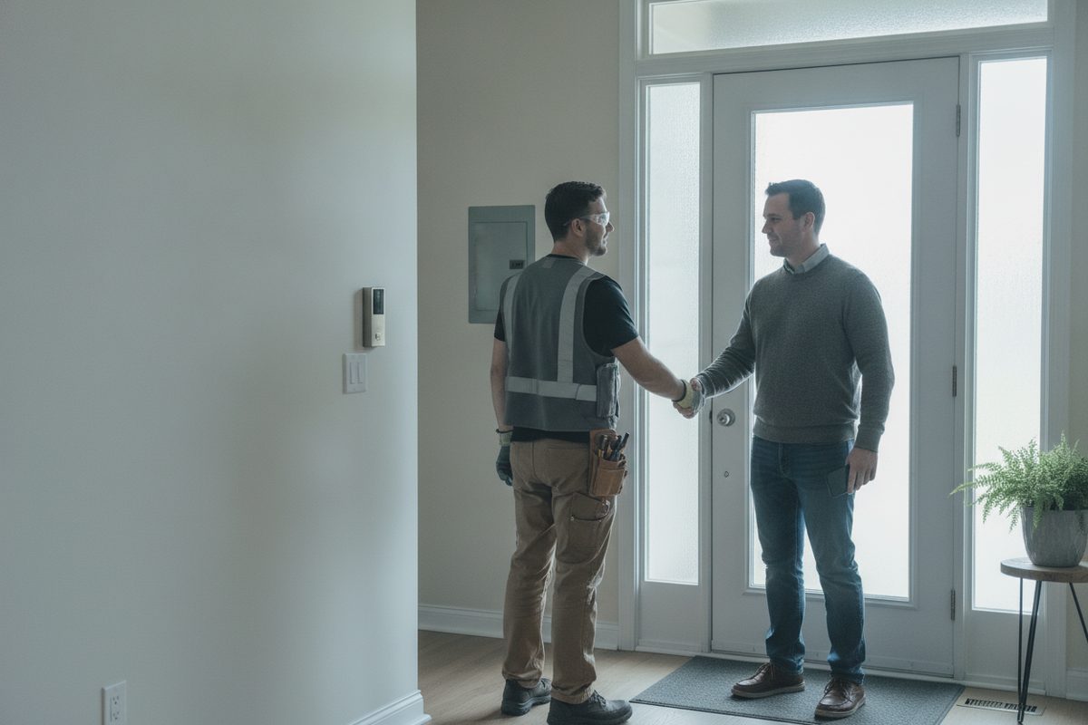 Completed job at a front door with a handshake and a phone ready for a review request