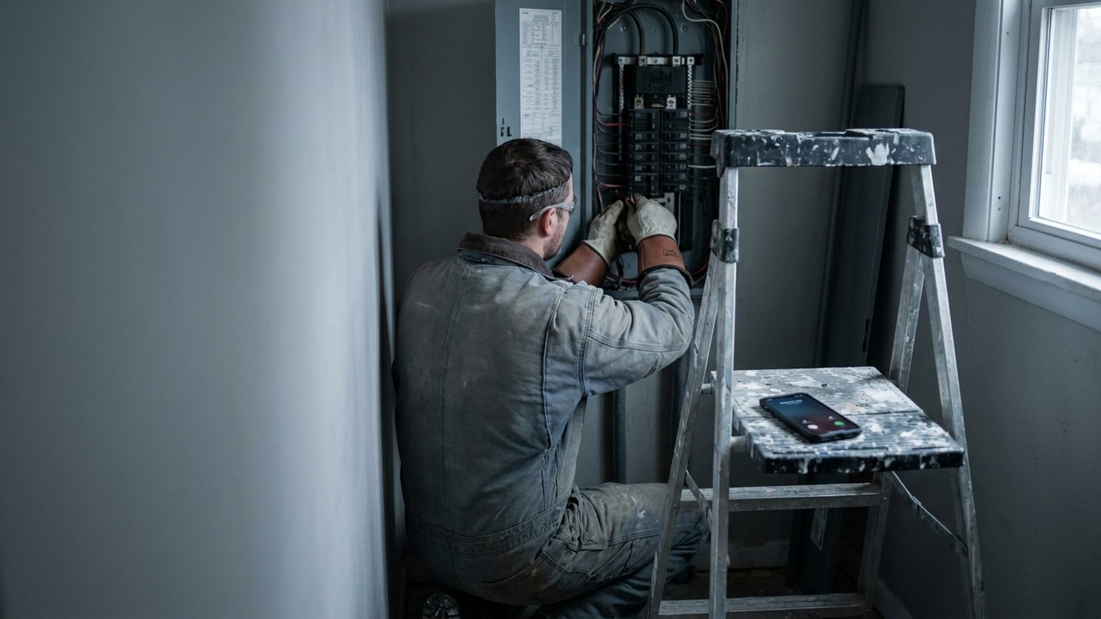 Electrician working inside an open panel while the phone on the ladder shelf shows a missed call
