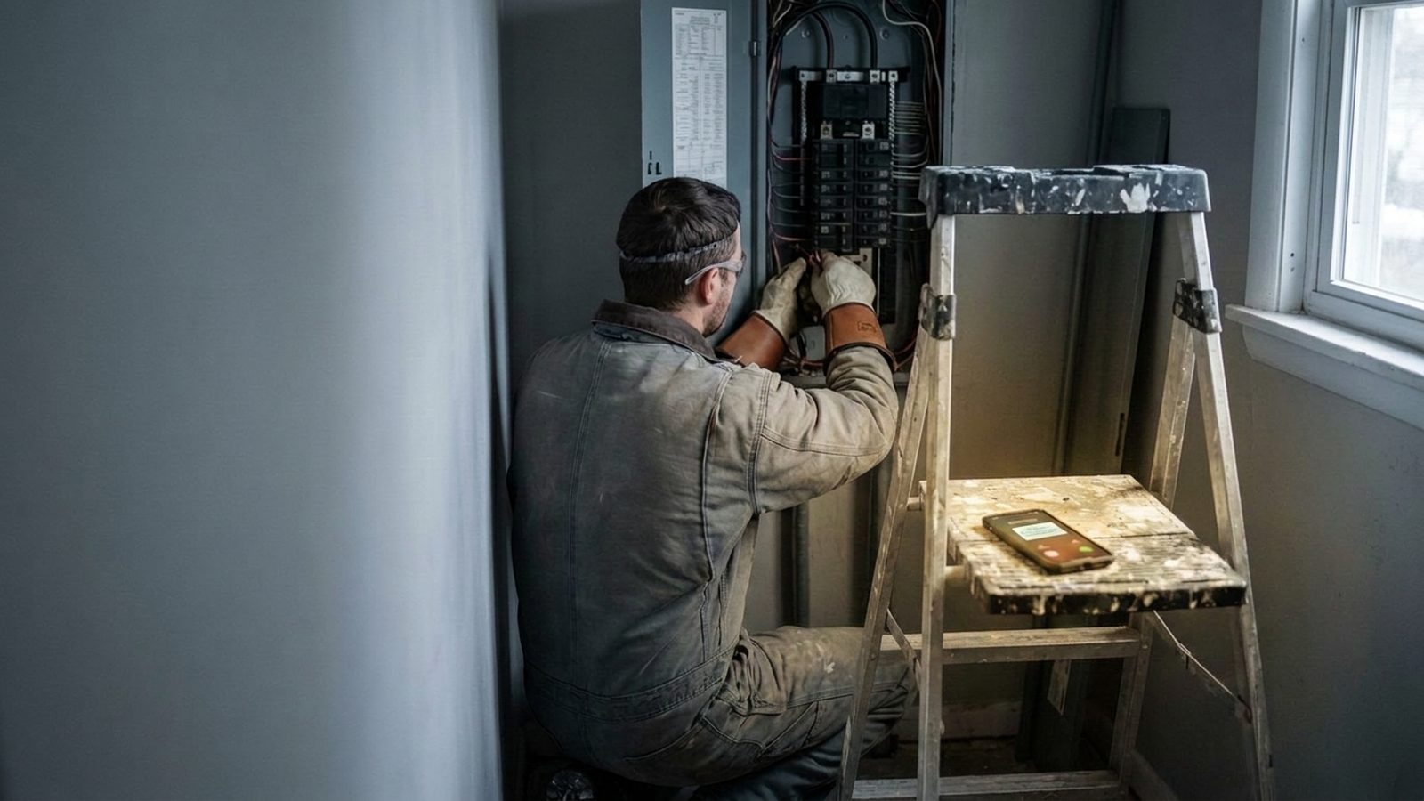 Electrician continuing panel work while the phone on the ladder shelf receives a text reply