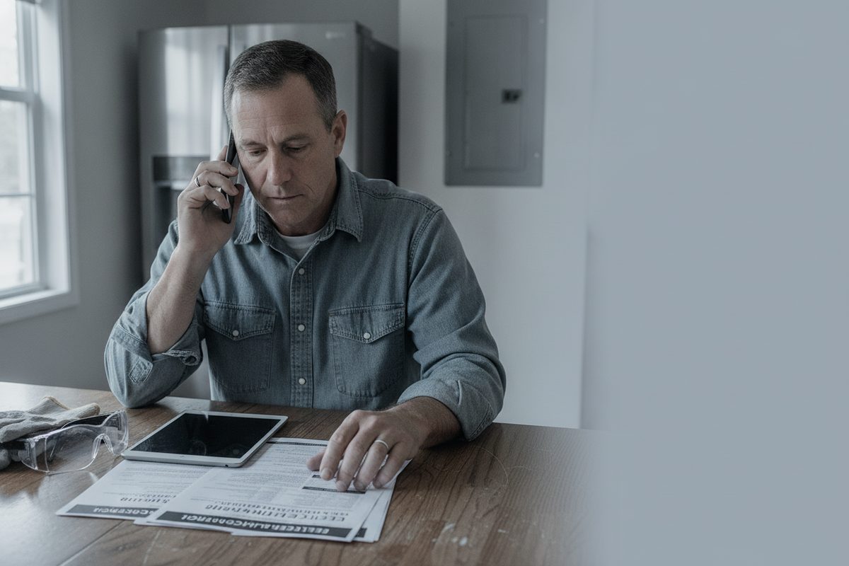 Homeowner at a kitchen table calling an electrician while reaching for the next listing