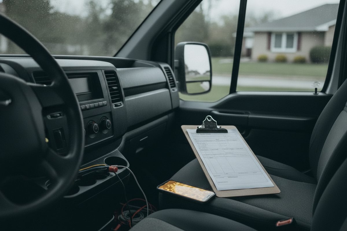 Service invoice on the same truck seat beside a phone ready to record the job outcome